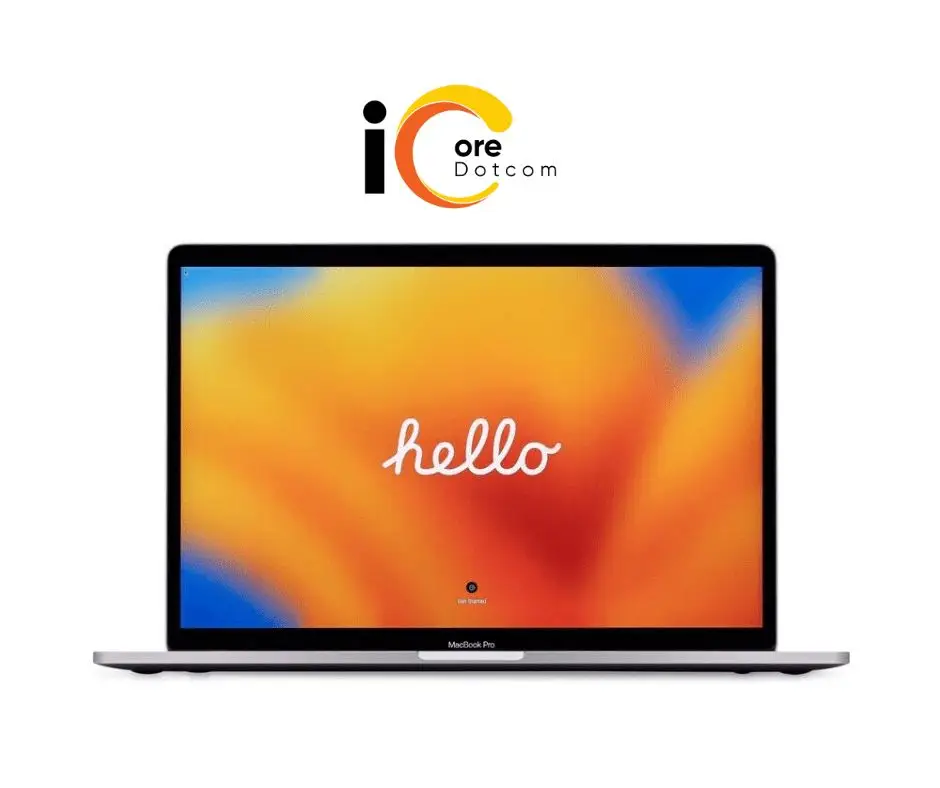 Image of a renewed Apple Laptop featuring a sleek aluminum body, illuminated Apple logo, and vibrant Retina display, available for purchase on the iCore Dotcom website.