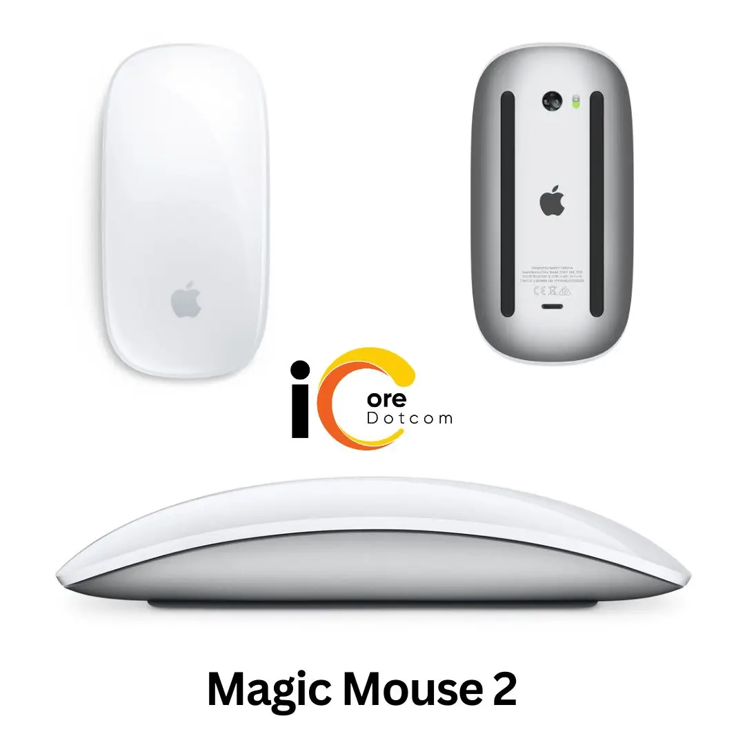 A sleek, white Magic Mouse with a smooth, minimalist design, resting on a clean white surface, showcasing its modern and innovative appearance.